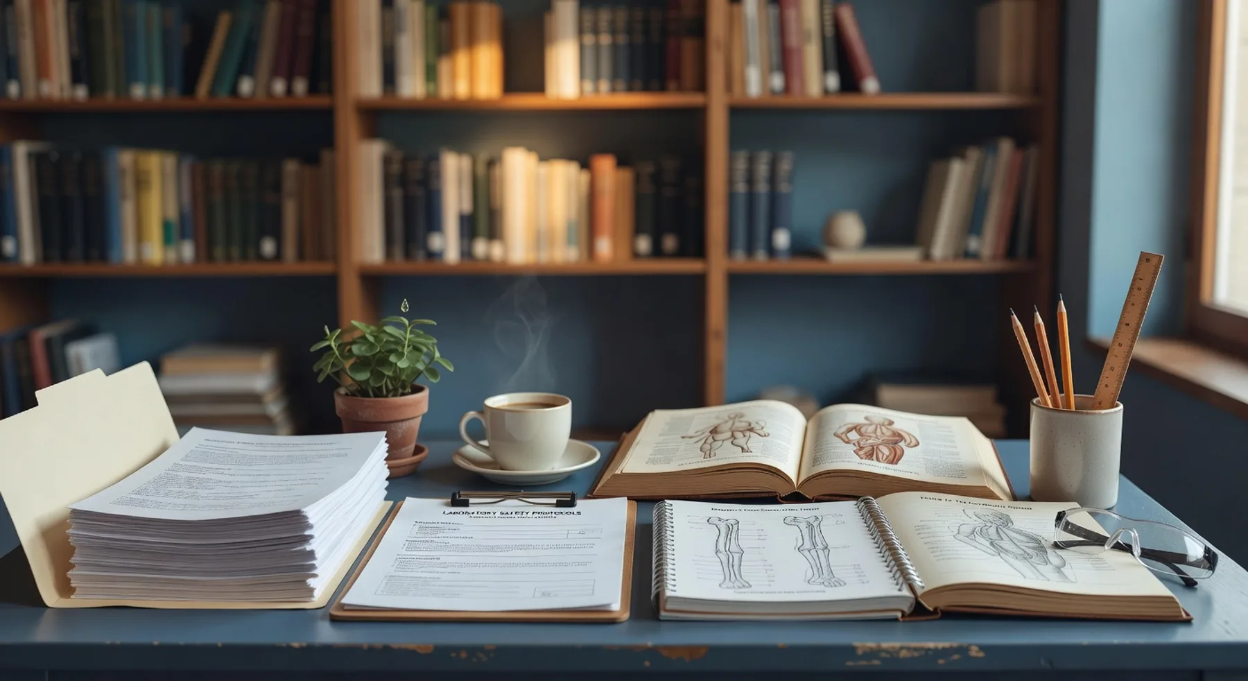 A scholar's desk arranged for sharing teaching material: a manila folder with printed handouts, a clipboard with a printed lab safety briefing, an open spiral lab manual showing hand-illustrated diagrams, an open hardcover anatomy atlas, sharpened pencils and a wooden ruler in a ceramic cup, a folded pair of safety glasses, a small succulent, and a coffee cup. Library shelves in soft focus.