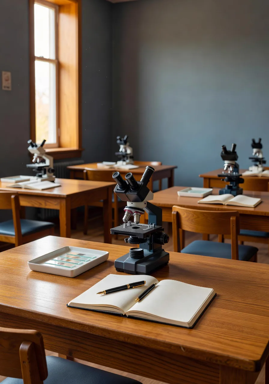 A typical Saturday lab session at Bright Minds &mdash; students at the bench with microscopes and lab notebooks.