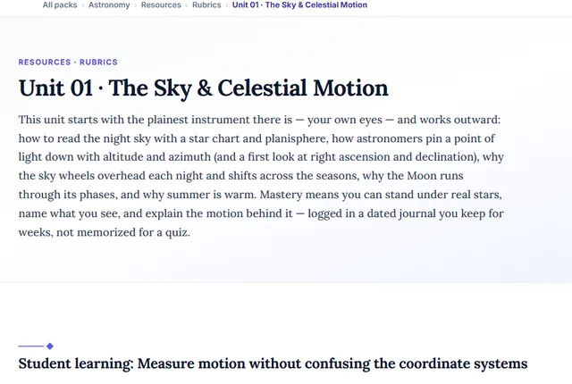 Screenshot preview of the Astronomy Unit 1: The Sky & Celestial Motion learning pathway on screen.