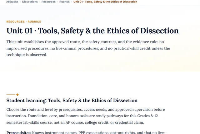 Screenshot preview of the Dissections Unit 1: Tools, Safety & the Ethics of Dissection learning pathway on screen.