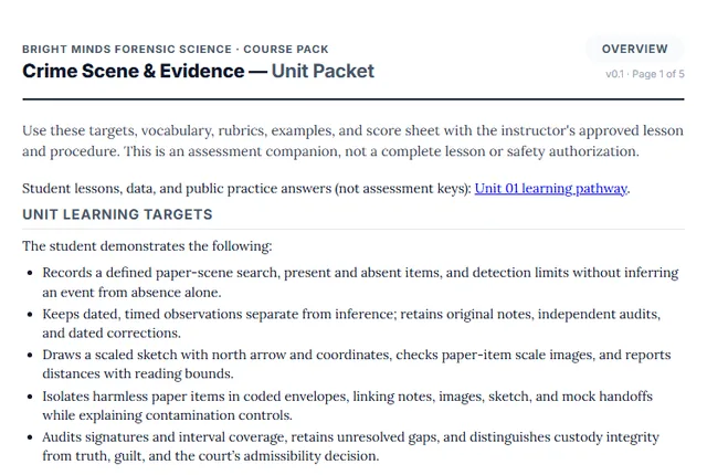 Screenshot preview of the Forensic Science Unit 1: Crime Scene & Evidence Basics printable packet page.