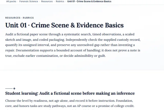 Screenshot preview of the Forensic Science Unit 1: Crime Scene & Evidence Basics learning pathway on screen.