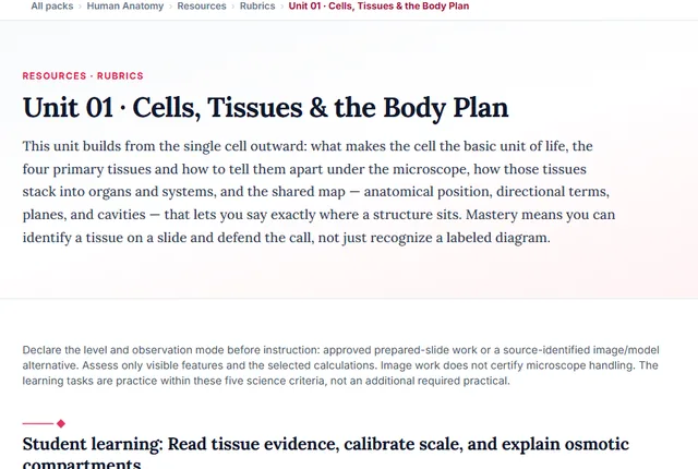 Screenshot preview of the Human Anatomy Unit 1: Cells, Tissues & the Body Plan learning pathway on screen.