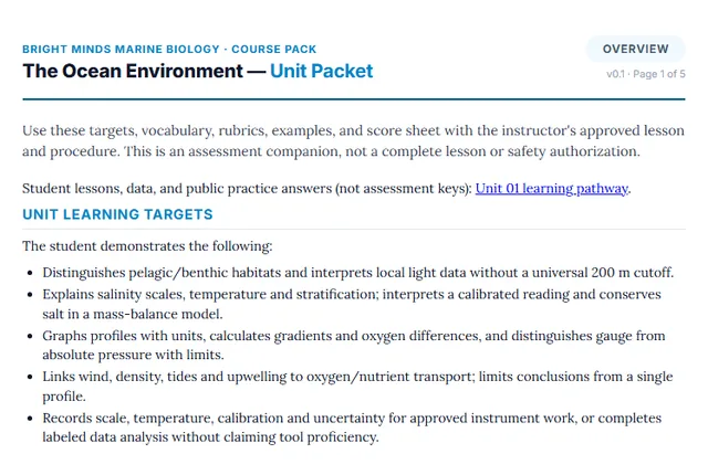Screenshot preview of the Marine Biology Unit 1: The Ocean Environment printable packet page.
