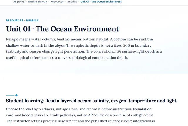 Screenshot preview of the Marine Biology Unit 1: The Ocean Environment learning pathway on screen.