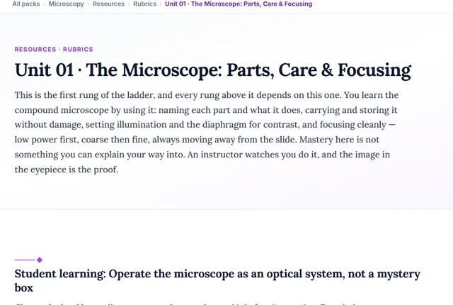 Screenshot preview of the Microscopy Unit 1: The Microscope: Parts, Care & Focusing learning pathway on screen.