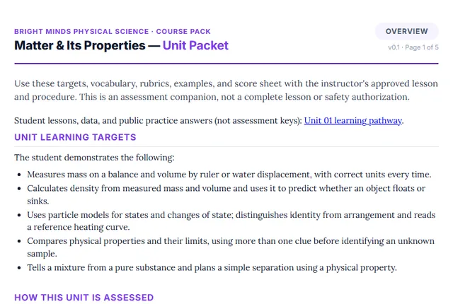 Screenshot preview of the Physical Science Unit 1: Matter & Its Properties printable packet page.