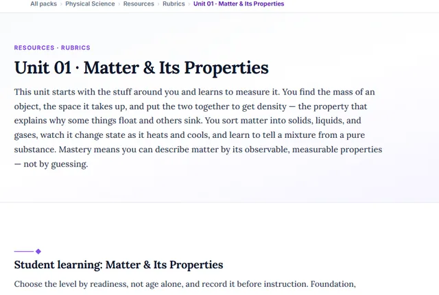 Screenshot preview of the Physical Science Unit 1: Matter & Its Properties learning pathway on screen.