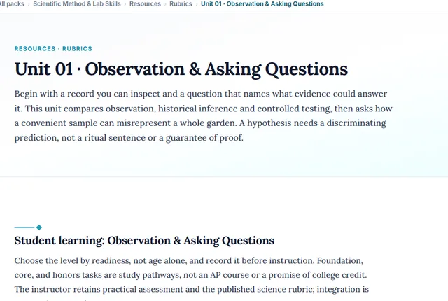Screenshot preview of the Scientific Method & Lab Skills Unit 1: Observation & Asking Questions learning pathway on screen.