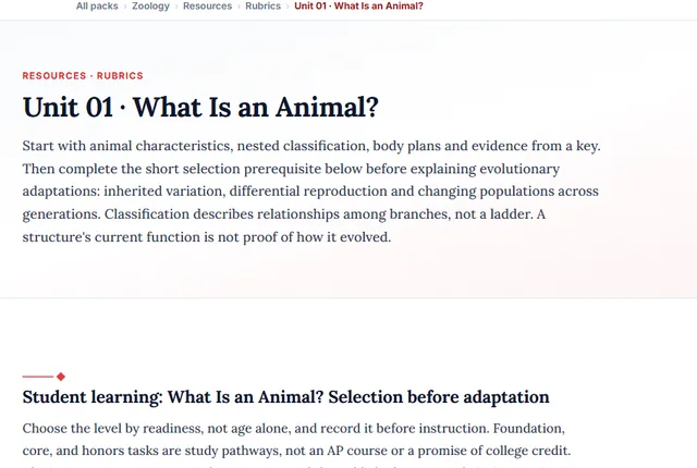 Screenshot preview of the Zoology Unit 1: What Is an Animal? learning pathway on screen.