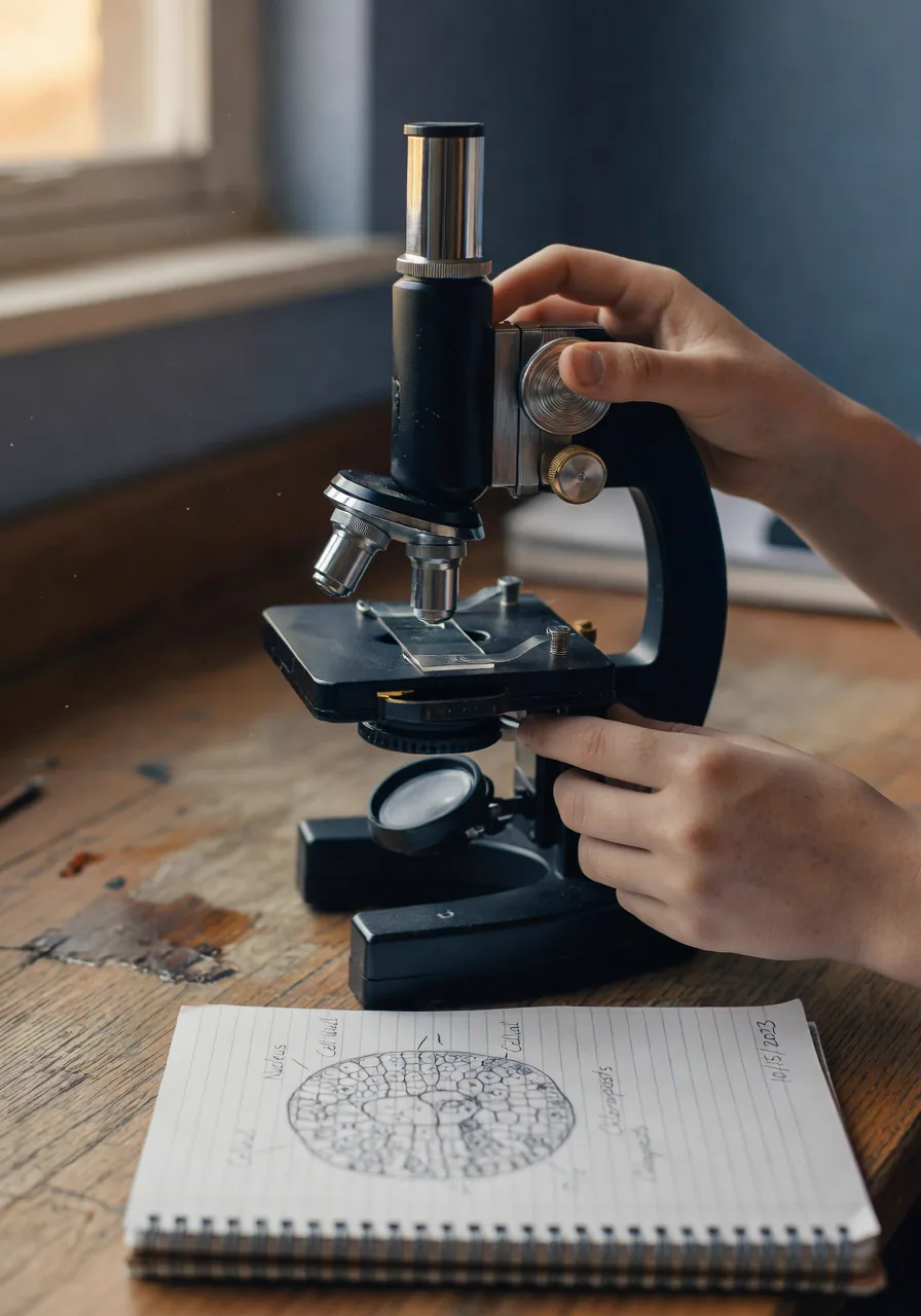 Close-up of a student's hands at a compound microscope, focusing on a real prepared slide.