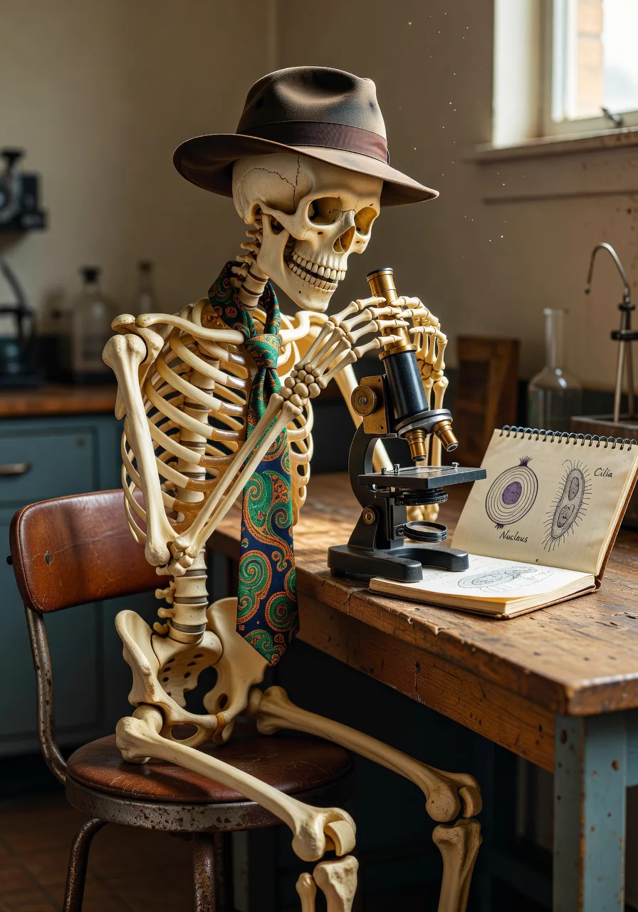 An articulated teaching skeleton in a fedora and paisley necktie seated at a wooden bench, peering through a compound microscope with an open lab notebook beside.