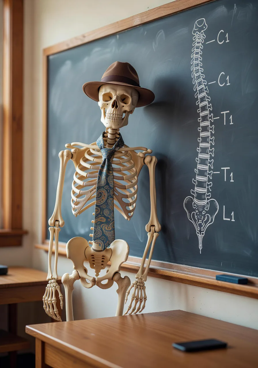 An articulated teaching skeleton in a brown fedora and paisley necktie leaning against a chalkboard with a labeled spine sketch.