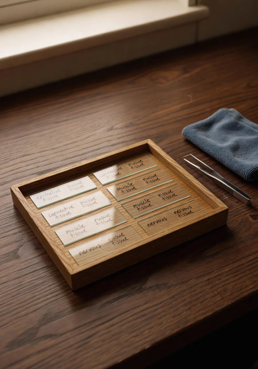 A wooden slide tray of hand-labeled prepared microscope slides with stainless forceps beside it.