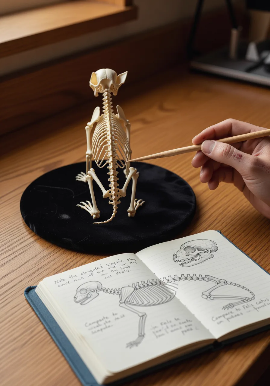 A small vertebrate teaching skeleton on a black velvet pad with a wooden probe pointing at a vertebra.
